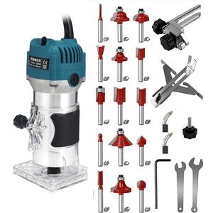 110V Router Tool, 800W Wood Trim Router, 30000RPM Electric Hand Trimmer, Palm Router with 15x 1/4 Router Bits & 2x Trim Guides for Woodworking Tools, Adjustable Base Height w/Scale