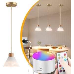 1 Pack Battery Operated Pendant Light, Rechargeable ceiling Light With 10000mAh Detachable Magnetic Bulb, wireless chandelier with remote, RGB Dimmable hanging light fixtures for Kitchen Island Decor (White-7.6inch)