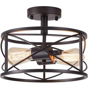 Black Semi Flush Ceiling Light Fixture, 2-Light Farmhouse Flush Mount Light Fixtures, Modern Industrial Metal Cage Pendant Lighting for Hallway, Bedroom, Kitchen, Foyer, Living Room, Dining Room