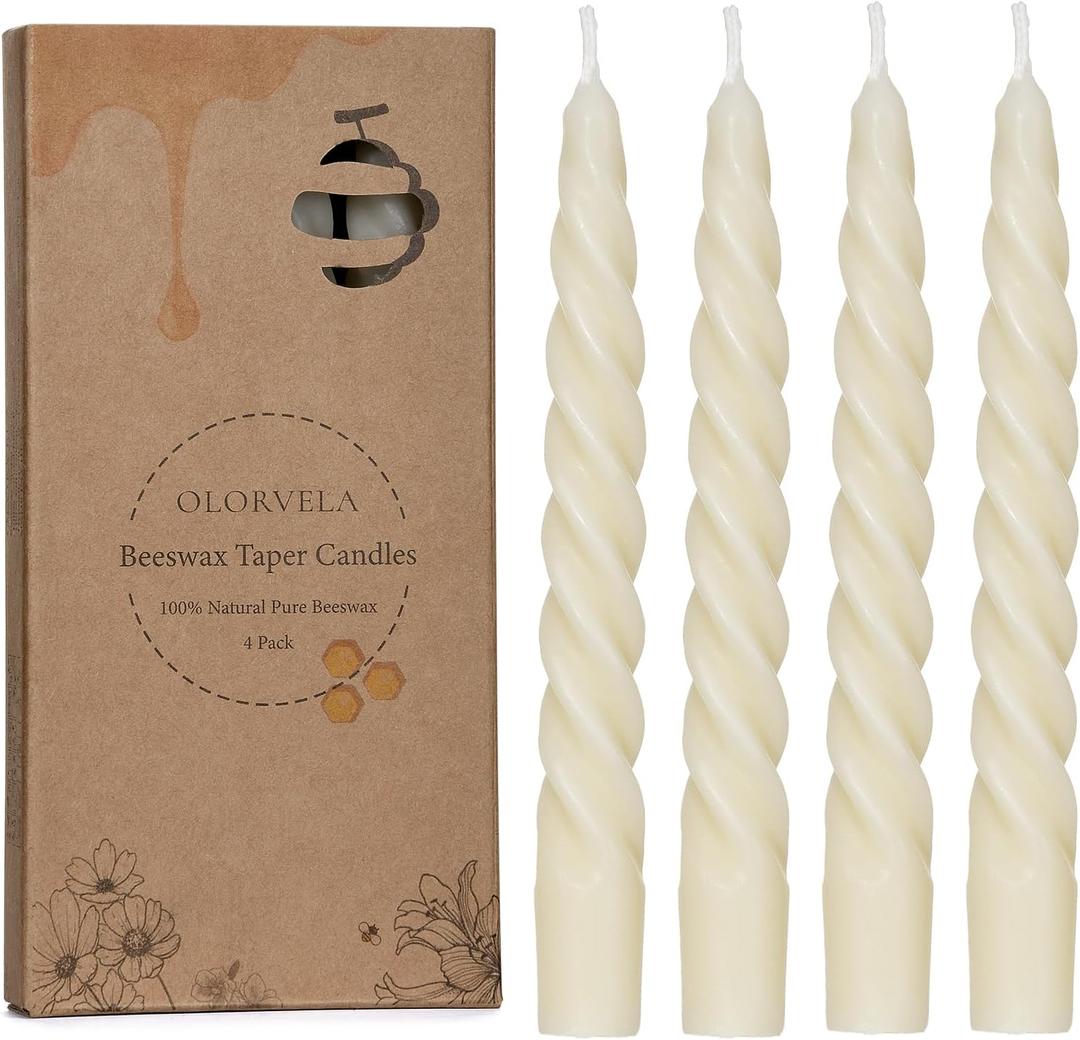 Beeswax White Spiral Candles 7", Natural Beeswax Taper Candle Twisted Taper Candles Set of 4,Dripless White Candlesticks,Clean Burning Unscented Candle Sticks for Christmas Home Dinner Wedding