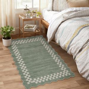 Small Area Rug 2x3 Modern Checkered Entry Rug Solid Color Scalloped Kitchen Rugs Washable Bedroom Doormat Non Slip Stain Resistant Bordered Throw Carpet for Living Room Nursery Laundry, Green