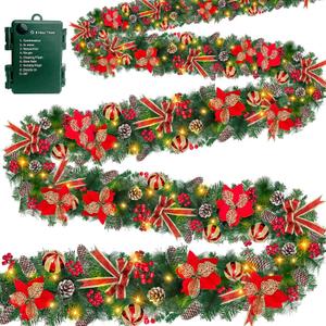 Total 18 Ft Long Prelit Christmas Garland 100 Warm White LED Lights 8 Modes Timer 270 Thick Branch Tips Pinecones Red Berries,Poinsettia,Balls,Bow,for Stairs Mantel Doorway Decor,2 Pack 9 Ft Each