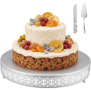 Wenqik Silver Cake Stand 16 Inch Metal Round Cupcake Dessert Wedding Cake Stand with Cutting & Spatula Cookies Display Holder Fruit Serving Tray for Table Wedding Birthday Anniversary Party