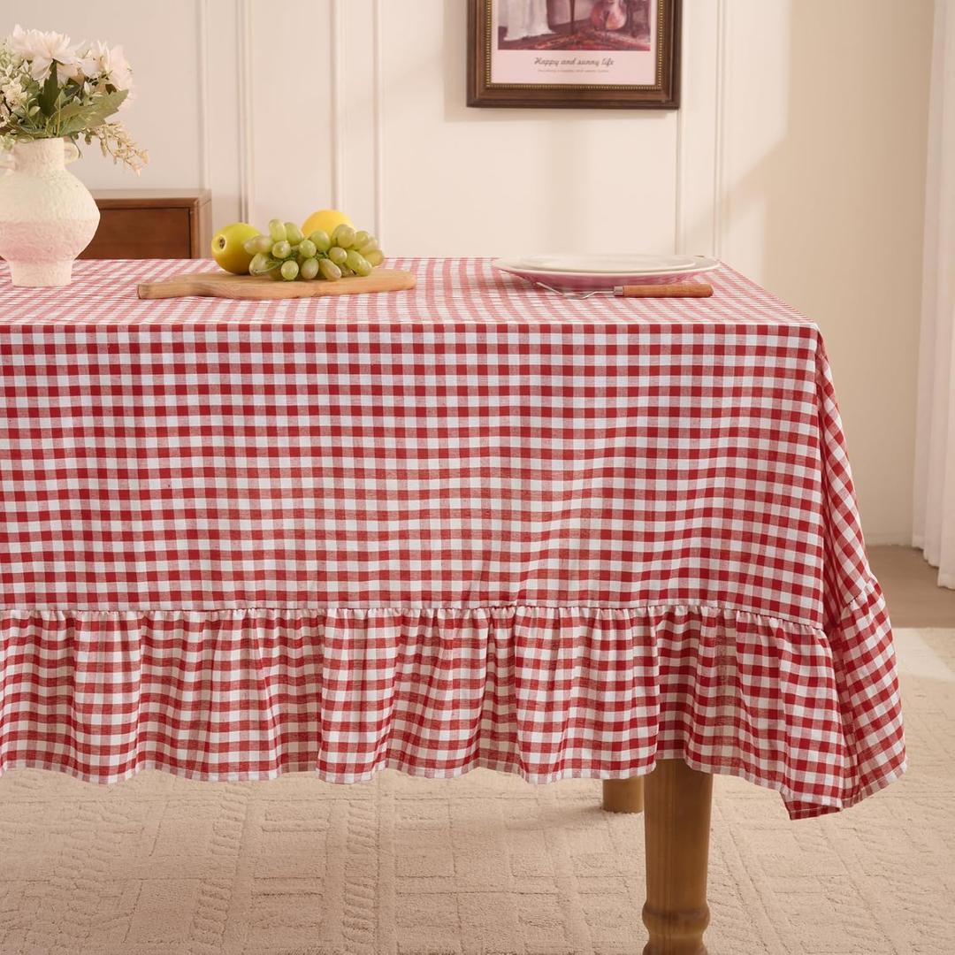 Romanstile Gingham Ruffled Tablecloth Rectangle - Waterproof Linen Cotton Checkered Table Cloth, Outdoor Plaid Table Cover for Picnic, Camping, Party - 60 x 84 Inch, Red
