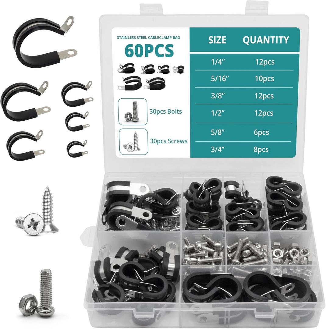 120 PCS Cable Clamps Set, Rubber Insulated Hose Clamps, 6 Sizes-1/4", 5/16", 3/8", 1/2", 5/8", 3/4 ", Assorted Sizes for Versatile Applications (with Screws)