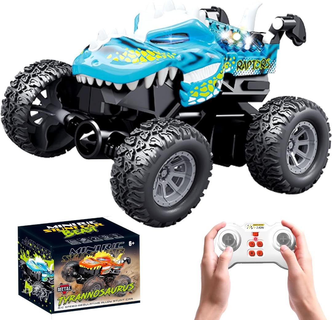 MOONTOY Dinosaur Remote Control Car, Mini Remote Control Truck with 360 Spins, 2.4GHz Rc Car with Lights and Rechargeable Batteries, Metal Body Monster Truck Toys for Kids and Adults(Blue) (Small)
