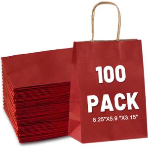 LIHOMR Gift Bags 8.25" x5.9 x3.15 100Pcs Paper Bags with Handles,kraft paper Bags for Small Business Christmas Bulk, Wedding, Party Favor, Shopping, Lunch, Halloween Trick-or-Treat (Red)