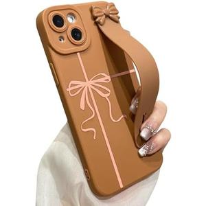 jueaes for iPhone 14 Case with Wrist Strap Elegant Bow Ribbon Design with Adjustable Wristband Kickstand Shockproof Soft TPU Camera Protection Phone Cover for Women Girls - Brown Ribbon