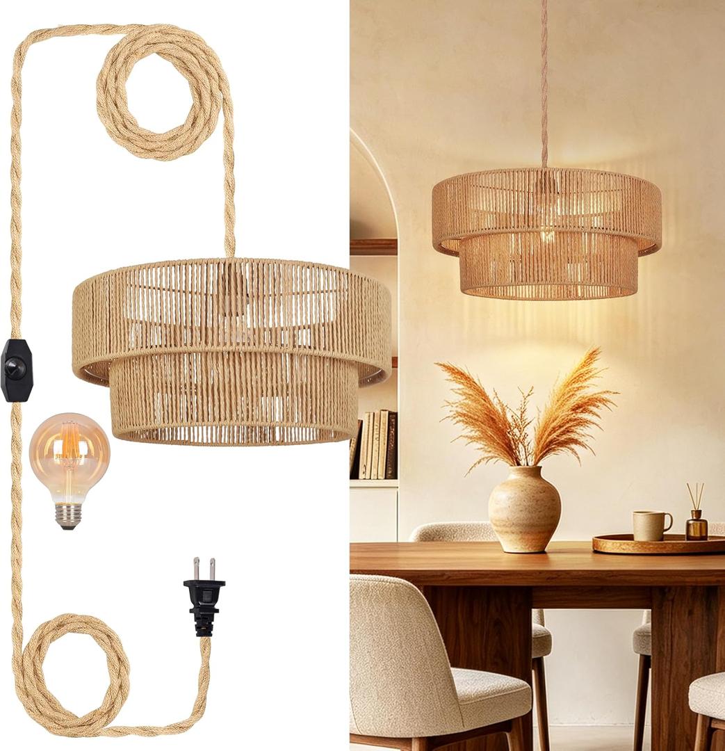 17.7" Plug In Boho Rattan Pendant Light with 16.4FT Dimmable Hemp Rope Cord, Hand Woven Drum Pendant Lights Kitchen Island, Farmhouse Hanging Lamp for Dining Room Bedroom Living Room (Bulb Included)