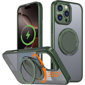 IYH 360 Rotatable Magnetic Case for iPhone 16 Pro, Military-Grade Shockproof Phone Cover with Matte Translucent Back(Green)