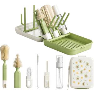 8-in-1 Baby Bottle Cleaning Kit with Drying Rack & Storage Case, Portable Silicone Bottle Brush Set for Bottles, Nipples & Straws, Travel Baby EssentialsGreen