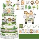 Whaline Woodland Diaper Cake Kit Jungle Safari Diaper Decor with Animals Cutouts Green Leaf Animal Print Ribbon for Baby Shower Gender Reveal Party Supplies