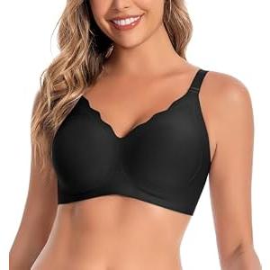 Hedya Flow Womens Seamless Bras No Underwire Supportive Wireless Push Up Full Coverage Bralette Comfort Scalloped T-Shirt Bra Black 3XL