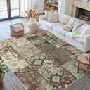 jinchan Boho Area Rug 6x9 Vintage Living Room Rug Patchwork Washable Tribal Mat Indoor Floral Print Decor Non Slip Soft Carpet for Bedroom Kitchen Dining Room Home Office Brown/Teal