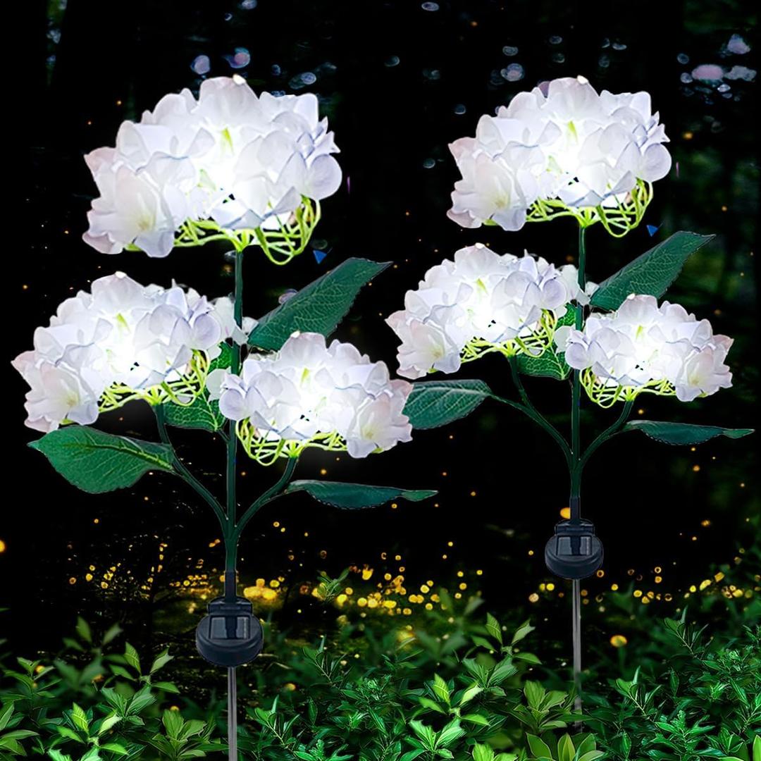 Aolyty Solar Garden Lights Outdoor, Solar Hydrangea Lights IP65 Waterproof LED Flowers Stake Lights 2 Pack for Garden Pathway Patio Backyard Landscape Decorative (White)