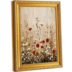 Gold Framed Wildflower Wall Art, 16x24 Floral Canvas Print | Vintage floral canvas print with ornate gold frame, ready to hang for bedroom, living room, bathroom, hallway, or gift.