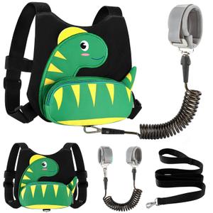Accmor Toddler Harness Leash + Anti Lost Wrist Link, Cute Dinosaur Kids Harness with Leash, Mini Child Harness Leash Wristband Tether Protector for Baby Boys Girls Age1-3 Years Old to Outdoor Travel (Black/Green Textured Brachiosaurus, Black Link)