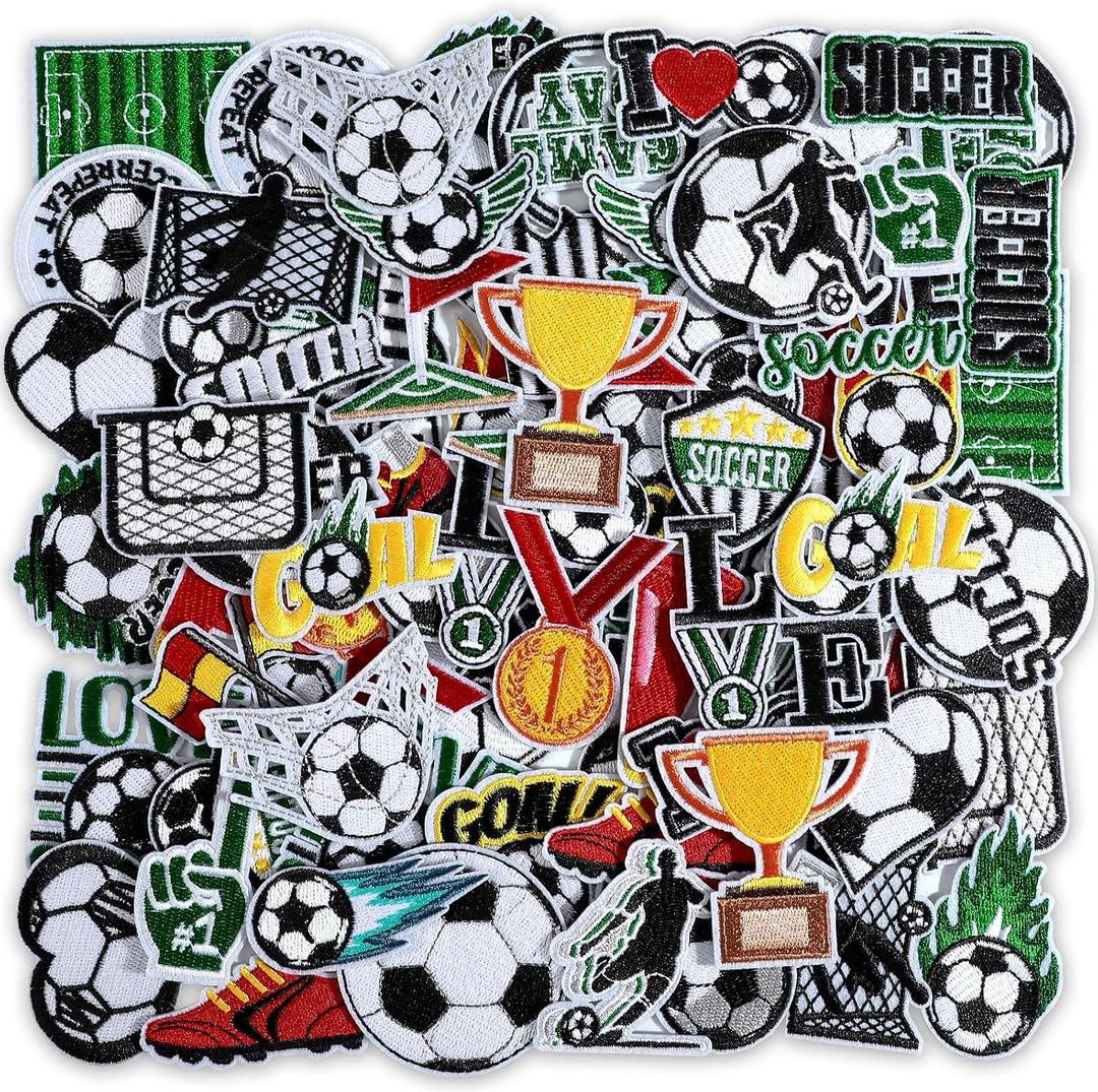 Hunnmingre 72 Pcs Soccer Iron on Patches Embroidered Soccer Patches Iron on Hat 36 Style Sport Ball Appliques for Hat Cap Clothes Jackets Jeans Dress Sew on DIY Backpack Accessories