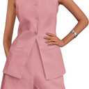 PRETTYGARDEN Two Piece Sets for Women Summer 2025 Button Down Suit Vest Tops High Waisted Shorts Business Casual Outfits (Medium, Pink)
