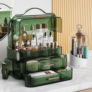 Makeup Organizers Skincare organizers with 2-Layer Storage Box and Transparent Cover Waterproof Dustproof Cosmetics Display Cases with Brush Holder for Countertop Vanity Bathroom Dresser Gift(Green)