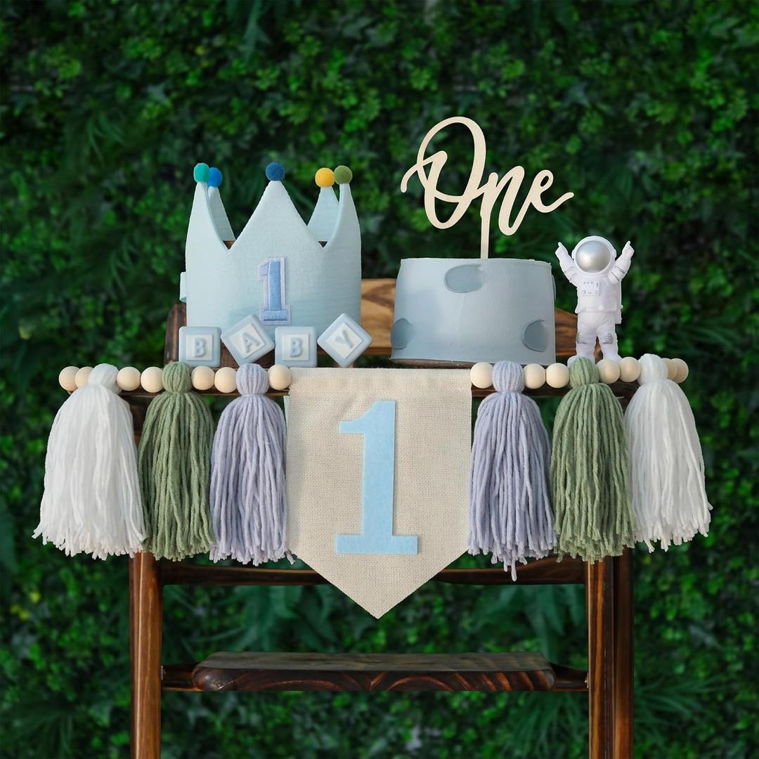 DCJHFJ Baby 1st Birthday Party Decorations for Handmade Tassel Garland Highchair Banner with One Cake Topper Blue Crown Hat
