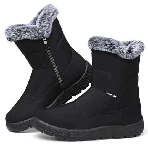 SHIBEVER Women's Snow Boots Winter: Waterproof Fur Lined Anti-Slip Ankle Booties Outdoor Comfortable Furry Women Snow Boot Black Size 9