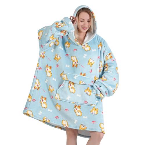Wearable Blanket Hoodie for Adult,Oversized Sherpa Fleece Blanket Hoodie for Women Men,Corgi XL