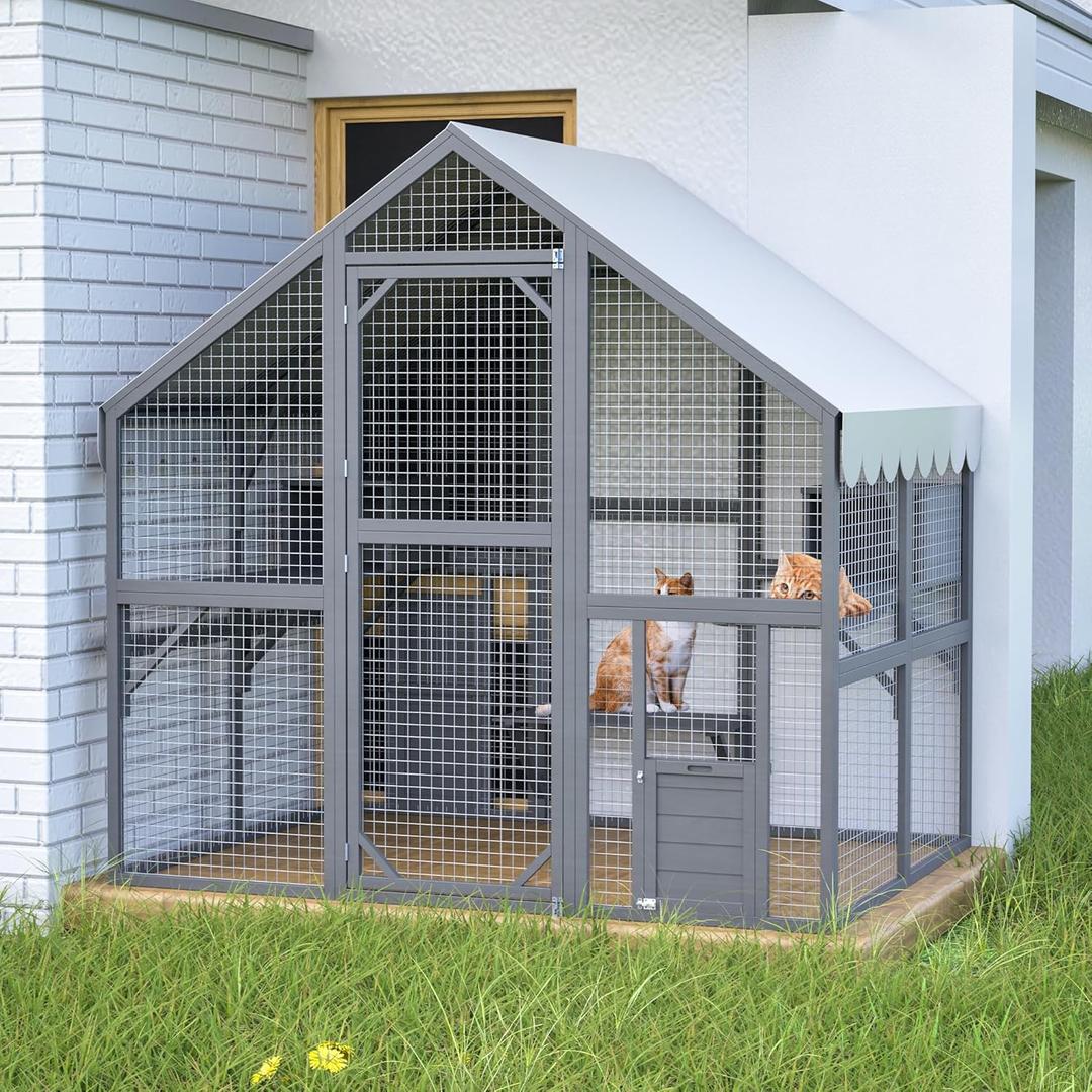 YOPTO 28ft Large Outdoor Cat House, Luxury Wooden Walk-in Catio Enclosure with 2 Doors & 2 Hiding Houses, Escape-Proof Locks + Waterproof Roof - Customizable Multi-Cat Playpen (Gray)