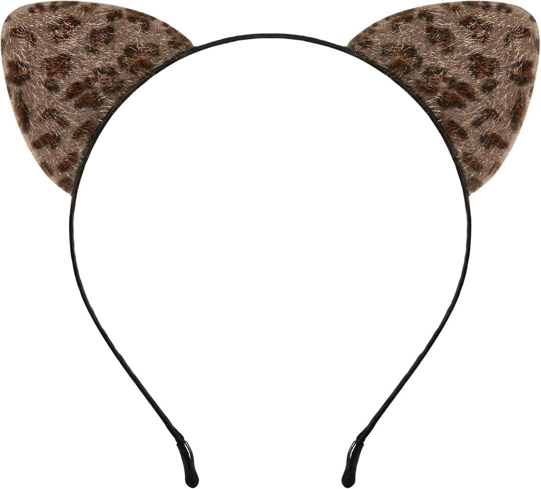 Edoneery Halloween Cat Ears Headband for Women, Furry Leopard Cat Ear Hairband, Costume Hair Accessory for Cosplay Parties (Leopard(dark Brown))