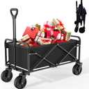 Collapsible Folding Utility Wagon, Foldable Cart with Wheels, Grocery Cart, Apartment and Garden Trolley for Shopping and Beach Outdoor Use (Black)