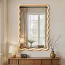 Wavy Mirror for Wall, 36"x24" Boho Bathroom Floor Vanity Mirror with Wooden Frame, for Bedroom, Living Room, Entryway, Farmhouse (Natural)