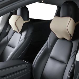 Crofy 2 Pack Car Neck Pillow, Softness Car Headrest Pillow for Driving with Adjustable Strap, 100% Memory Foam and Breathable Removable Cover, Comfortable Ergonomic Design (Beige)