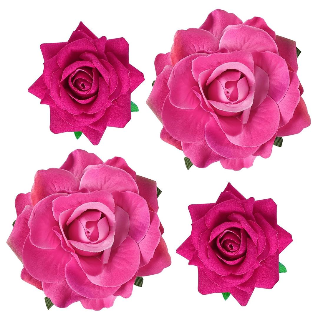 Rose Hair Clip - 4 Pcs Fabric Rose Flowers Hair Clips, Mexican Hair Flowers Pin up Headpieces for Woman, Girl, Wedding, Party, Mother's Day (Hot Pink)