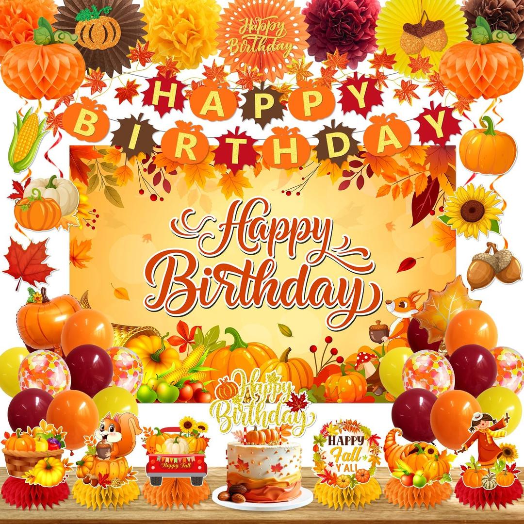 Fall Decorations Fall Birthday Party Decorations Include Autumn Backdrop Banner Cake Topper Honeycomb Pumpkin Balloon for Thanksgiving Birthday Decorations