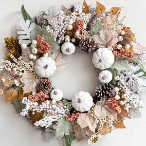 Fall Decor - Fall Decorations for Home - 18 Inch Autumn Maple Leaf Pumpkin Pine Cone Berry Wreath - Fall Wreath for Thanksgiving Halloween Farmhouse Harvest Front Door Outdoor Indoor Window Wall