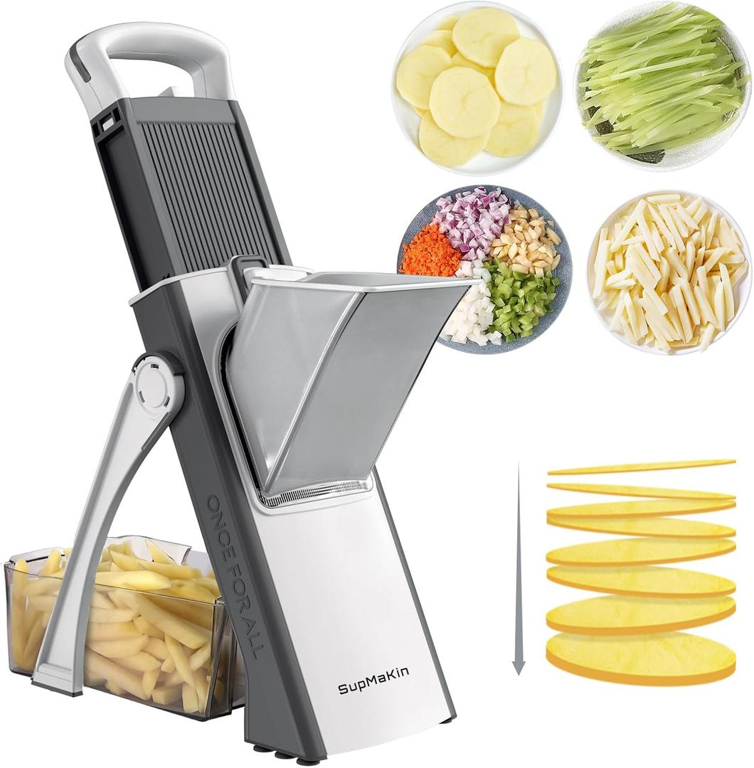 SupMaKin Upgrade Safe Mandoline Slicer for Kitchen, Bigger Size Adjustable Vegetable Onion Chopper,Potato Slicer Fry Cutter, Kitchen Chopping Artifact (GrayWhite)