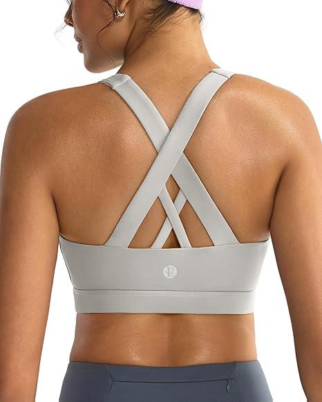 RUNNING GIRL Sports Bras for Women High Support, Criss-Cross Back Strappy Sports Bras for Women with Sewn in Pads(WX3081_Grey_XL)