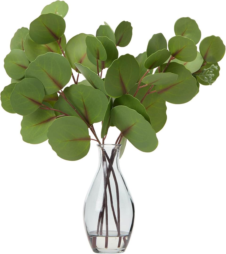 Artificial Eucalyptus Stems in Glass Vase with Realistic Faux Water - 5-Pack Real Touch Faux Greenery Stems, Dual-Sided Lifelike Leaves for Wedding Centerpieces, Home & Office Decor (Gray Glass)