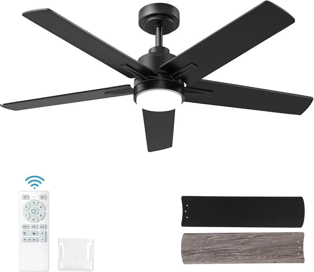 52 Inch Black Ceiling Fan with Light and Remote Control,Dimmable 3 Color Temperatures LED Ceiling Fan,6 Speeds Reversible DC Motor,5 Blades Modern Ceiling Fans for Indoor or Covered Outdoor