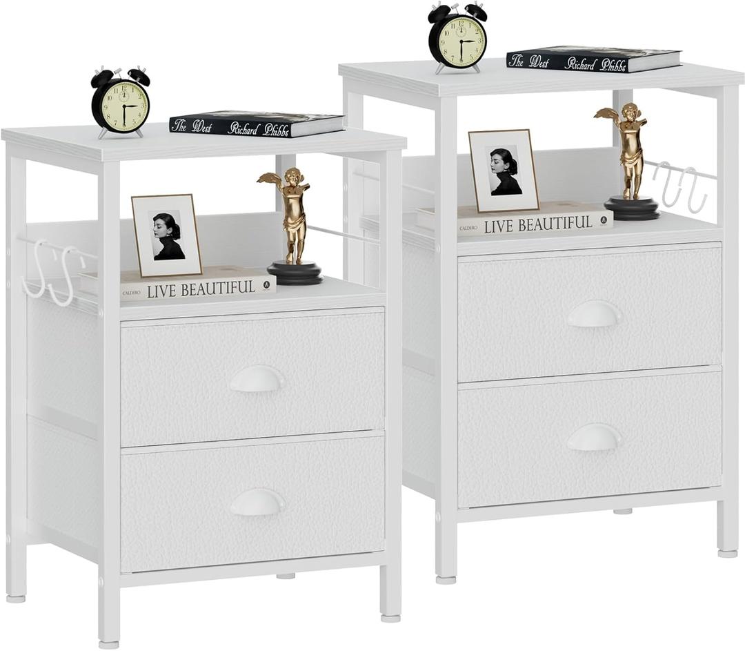 Furologee Nightstands Set of 2, End Table with 2 Fabric Drawers, Night Stand with 2 Hooks, Open Wood Shelf Bedside Table for Bedroom/Living Room/White
