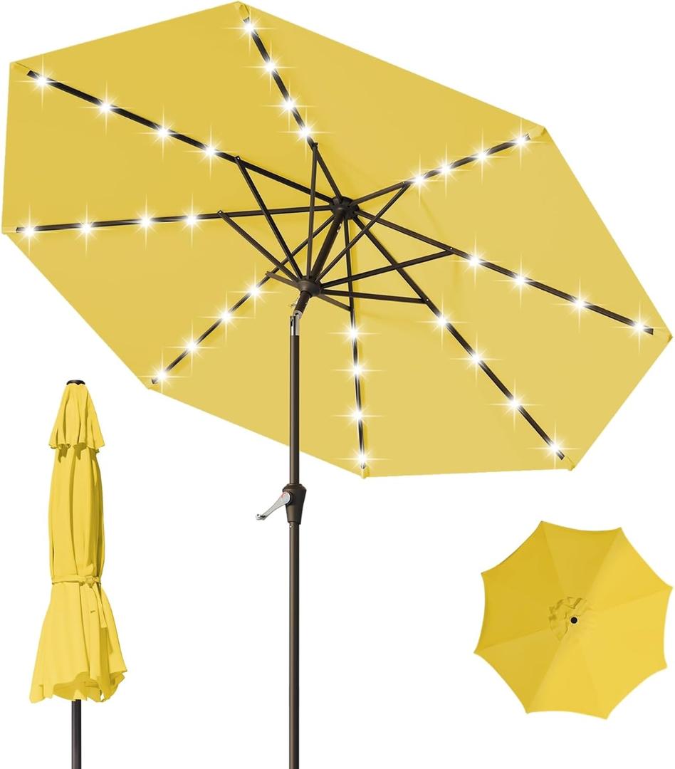 9FT Patio Umbrella with Solar Lights,Outdoor Market Umbrella with Tilt and Crank, LED Lighted Table Umbrella for Garden,Deck,Backyard,Pool,Beach(Yellow)