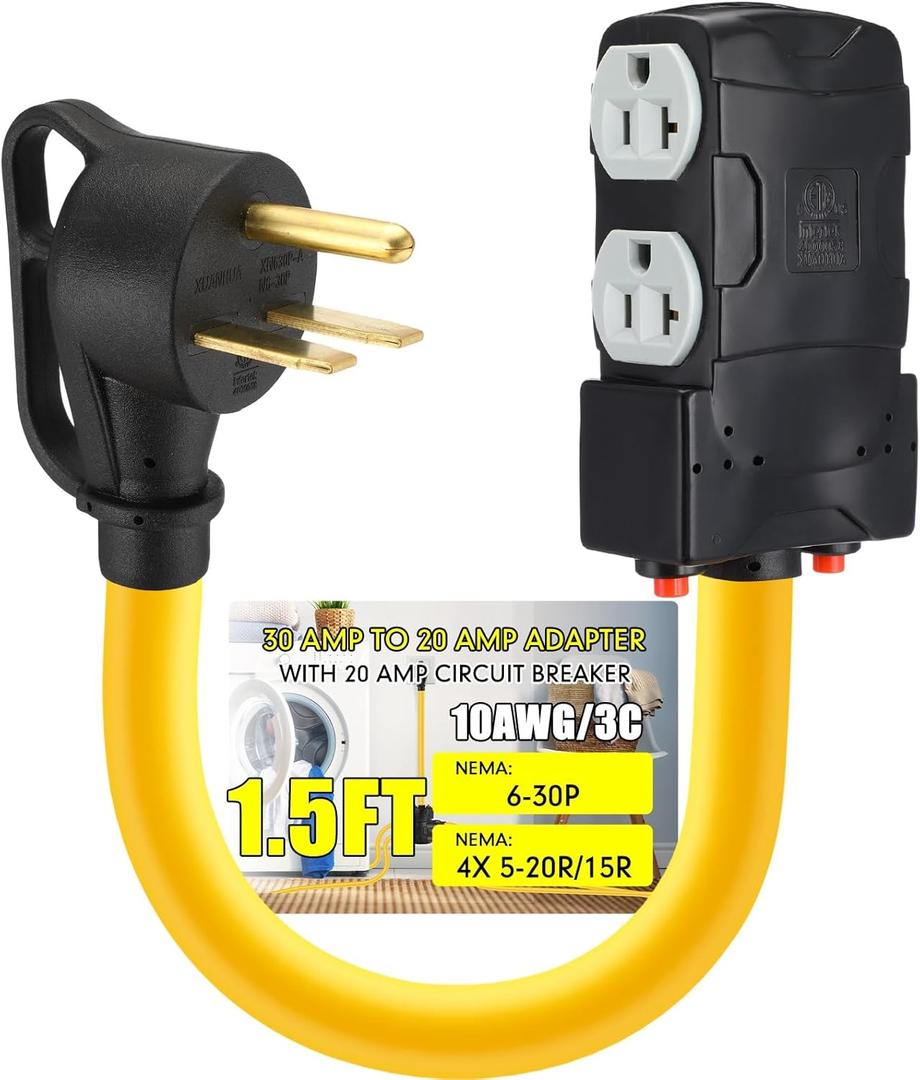 Tellegloww 1.5 FT 30 to 20 Amp 110V Welder Distribution Adapter Compatible with NEMA 6-30P to 4X 5-20R/ 5-15R, 3 Prong Welder Socket 4X Household Outlet with 20A Circuit Breaker, ETL Listed