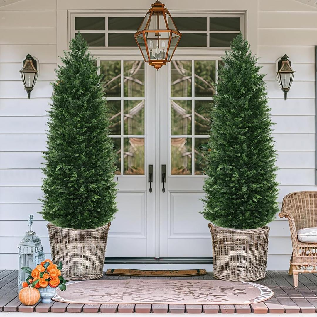 Artificial Cedar Trees, 5FT Tall Faux Tree Potted Plants with Trunk 59in Fake Cypress Tree for Indoor Outdoor Front Porch Garden Decor - 2 Pack