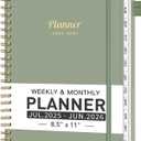 AHGXG Planner 2025-2026, Weekly and Monthly Academic Teacher Planner, JUL 2025 - JUN 2026, 8.5" x 11", Calendar 2025 with Monthly Tabs, Inner Pocket, Spiral Bound, Ideal for Office Home School Supplies, Sage Green