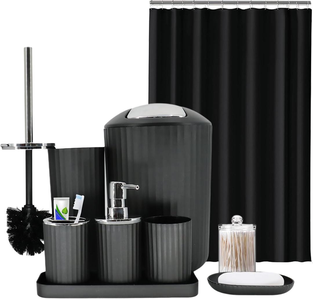 Black Bathroom Accessories Set, 9-Piece Bathroom Accessory Sets Complete with Trash Can, Shower Curtain, Vanity Tray, Soap Dispenser, Soap Dish, Toothbrush Holder, Toothbrush Cup and Toilet Brush