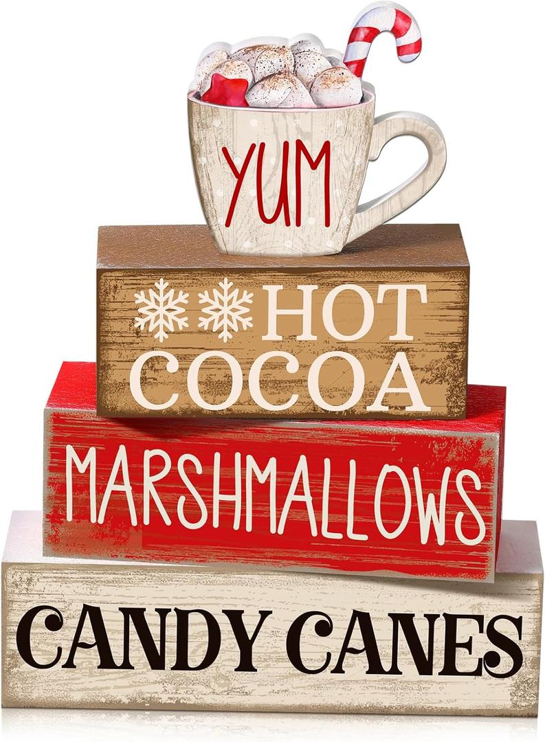 4 Pcs Wooden Christmas Tabletop Decor Hot Cocoa Tiered Tray Decor Rustic Wood Hot Cocoa Block Sign Gift Merry Christmas Centerpiece Farmhouse Winter Table Decoration