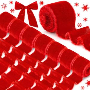 24 Yards Christmas Velvet Wrapping Ribbon, 8 Roll Silk Frayed Handmade Velvet Ribbon for Wedding Bouquet Invitation Christmas Wreaths Decor Gift Wrapping Cards DIY (Red)