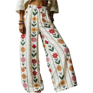 SOLY HUX Boho Wide Leg Pants Women High Waist Elastic Baggy Palazzo Pants Holiday Pants, S