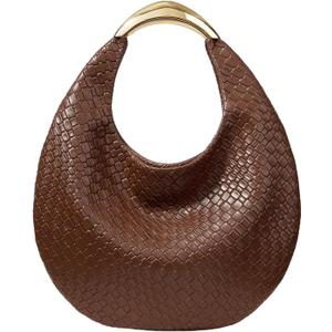 QWINEE Women's Woven Handbag Elegant Clutch Purse Metal Top Handle Cresent Evening Bag Retro PU Leather Clutch Purse (Coffee Brown)