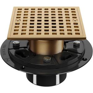 4 Inch Champagne Bronze Shower Drain- Square Shower Floor Drain Kit with ABS Flange-Removable Grid Strainer Cover - SUS304 Stainless Steel Floor Drain Kit